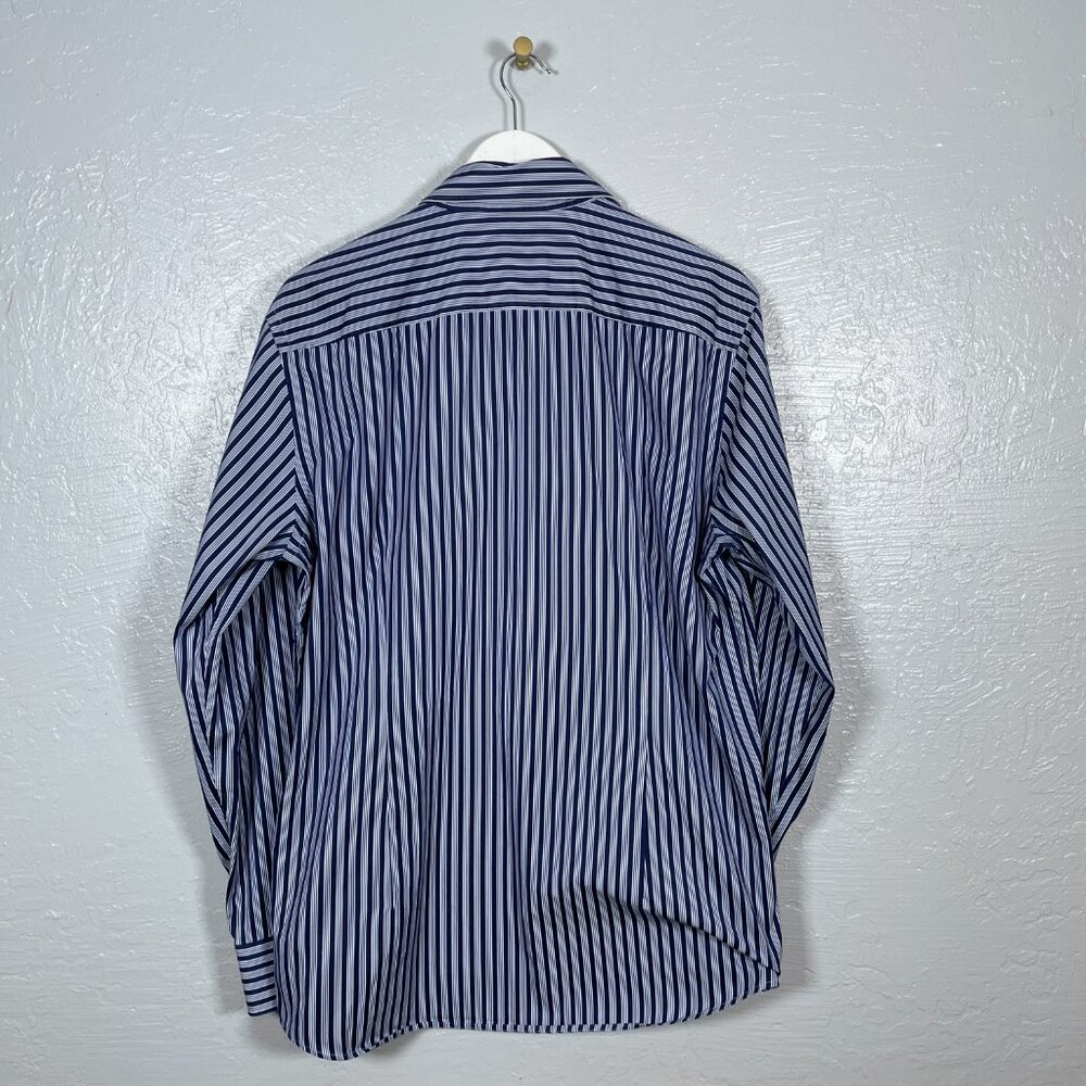 Hugo Boss Men 43 17 Navy Blue White Stripe Shirt Slim Fit Two Ply Spread Collar - Picture 5 of 10